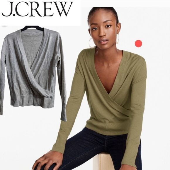 Jcrew grey 💯 merino wool faux wrap sweater sz s v neck - Picture 1 of 5